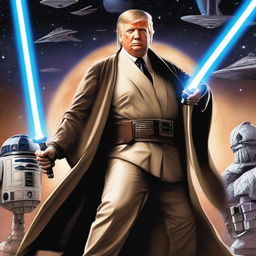 Donald Trump as a Jedi knight, in traditional Jedi attire, holding a lightsaber, set against a Star Wars backdrop with starships and distant galaxies.