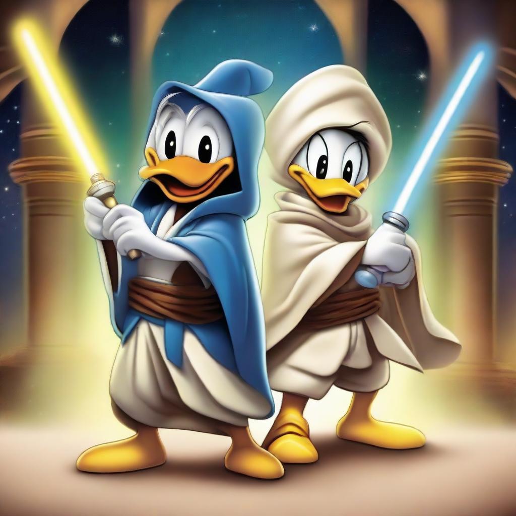 Disney's Donald Duck and Mickey Mouse as Jedi knights, donned in traditional robes and armed with vibrant lightsabers, ready for intergalactic adventure.