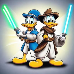 Disney's Donald Duck and Mickey Mouse as Jedi knights, donned in traditional robes and armed with vibrant lightsabers, ready for intergalactic adventure.