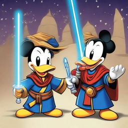 Disney's Donald Duck and Mickey Mouse as Jedi knights, donned in traditional robes and armed with vibrant lightsabers, ready for intergalactic adventure.