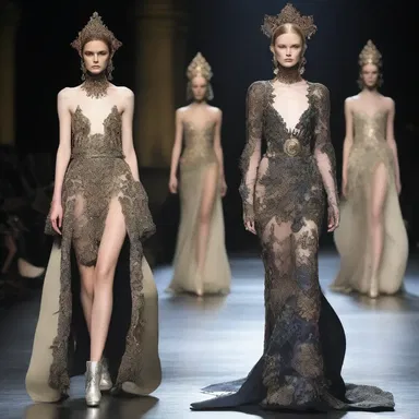 The fashion show showcased a daring collection inspired by regicide, with gowns adorned with royal motifs and symbols of rebellion.