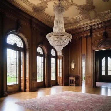 The grand chandelier in the entrance hall of the mansion exudes the regicide aesthetic, with its intricate details and imposing presence.