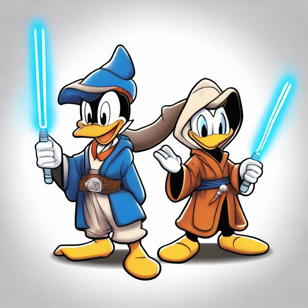 Disney's Donald Duck and Mickey Mouse as Jedi knights, donned in traditional robes and armed with vibrant lightsabers, ready for intergalactic adventure.