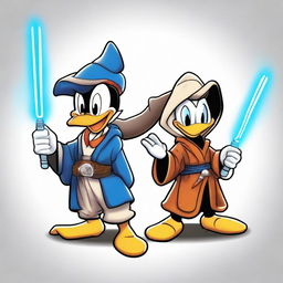 Disney's Donald Duck and Mickey Mouse as Jedi knights, donned in traditional robes and armed with vibrant lightsabers, ready for intergalactic adventure.