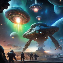 An epic display of an intergalactic war between humans and a myriad of alien forms, set against the backdrop of the cosmos, featuring technologically superior spaceships and laser-blasting weaponry.