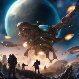 An epic display of an intergalactic war between humans and a myriad of alien forms, set against the backdrop of the cosmos, featuring technologically superior spaceships and laser-blasting weaponry.