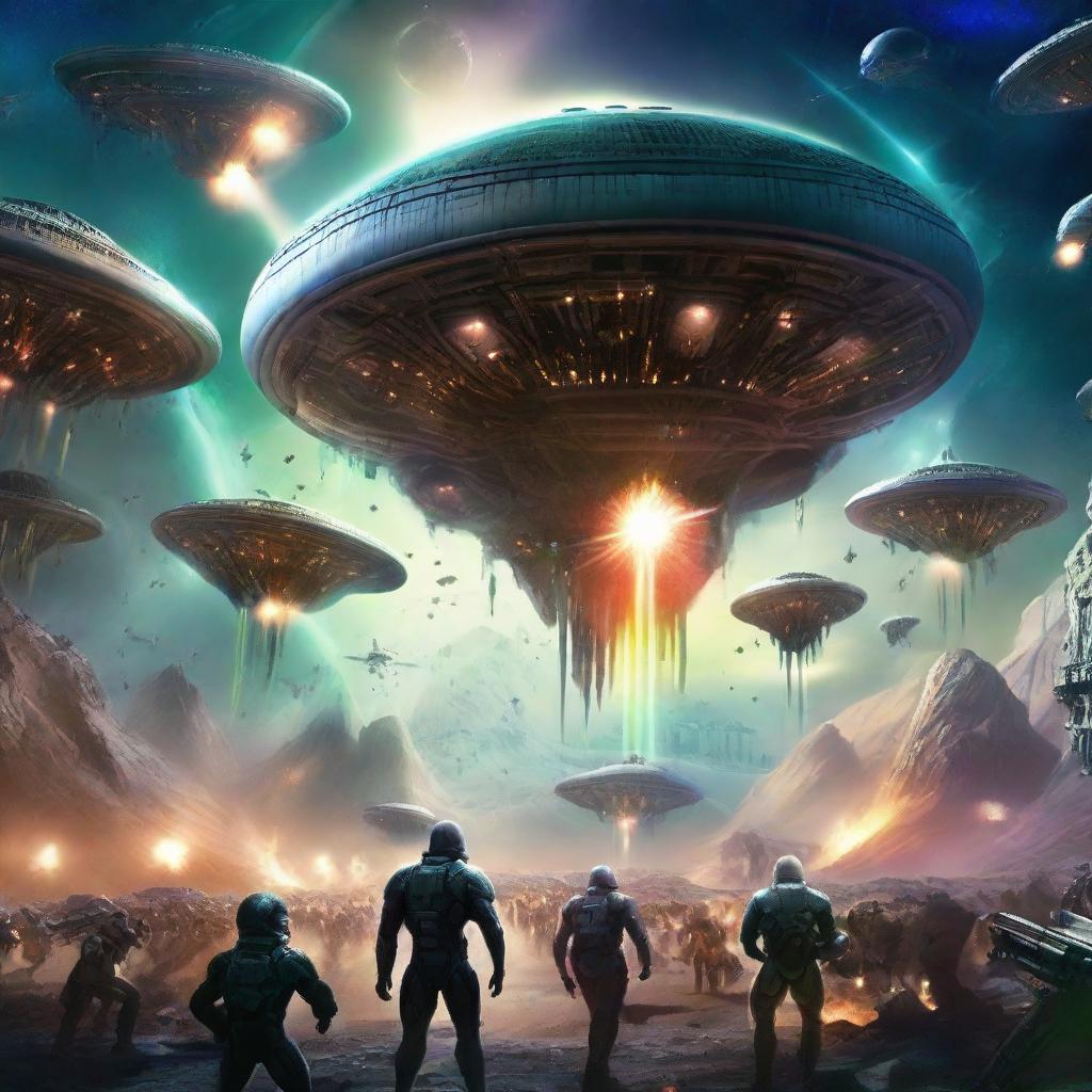 An epic display of an intergalactic war between humans and a myriad of alien forms, set against the backdrop of the cosmos, featuring technologically superior spaceships and laser-blasting weaponry.