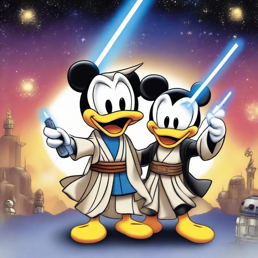 Donald Duck and Mickey Mouse dressed as Jedi knights, donned with traditional robes and wielding colorful lightsabers, set against a Star Wars themed backdrop.