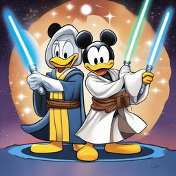 Donald Duck and Mickey Mouse dressed as Jedi knights, donned with traditional robes and wielding colorful lightsabers, set against a Star Wars themed backdrop.