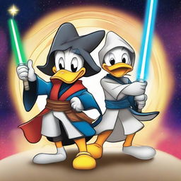 Donald Duck and Mickey Mouse dressed as Jedi knights, donned with traditional robes and wielding colorful lightsabers, set against a Star Wars themed backdrop.