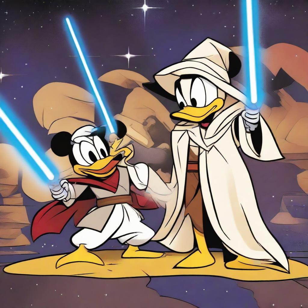 Donald Duck and Mickey Mouse dressed as Jedi knights, donned with traditional robes and wielding colorful lightsabers, set against a Star Wars themed backdrop.