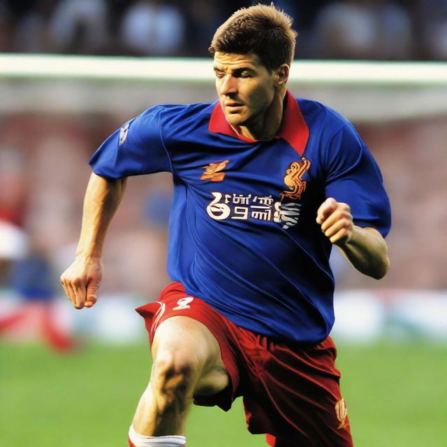 Steven Gerrard, iconically a Liverpool FC player, in an alternate depiction wearing an Italy national football team jersey, posed dynamically on a football pitch.