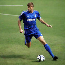 Steven Gerrard, iconically a Liverpool FC player, in an alternate depiction wearing an Italy national football team jersey, posed dynamically on a football pitch.