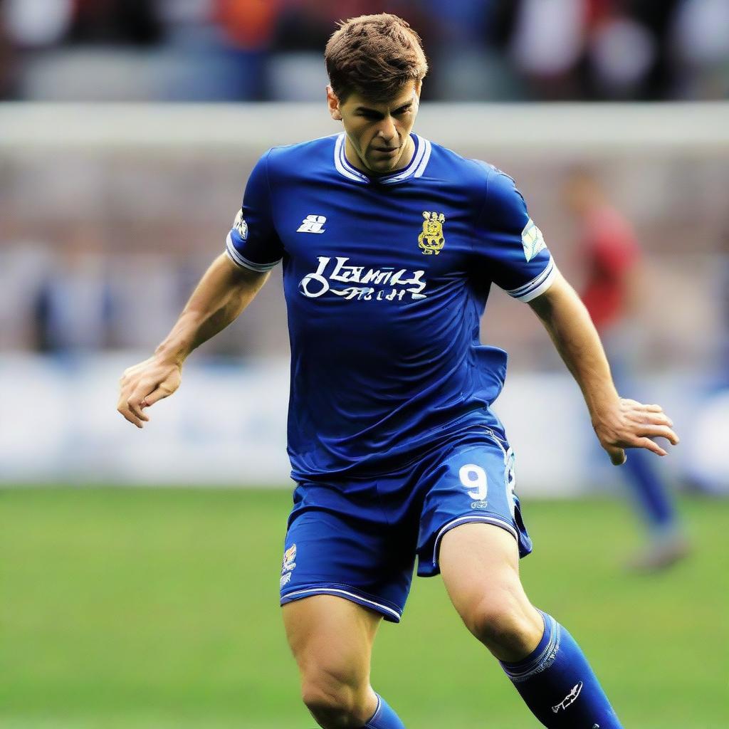 Steven Gerrard, iconically a Liverpool FC player, in an alternate depiction wearing an Italy national football team jersey, posed dynamically on a football pitch.