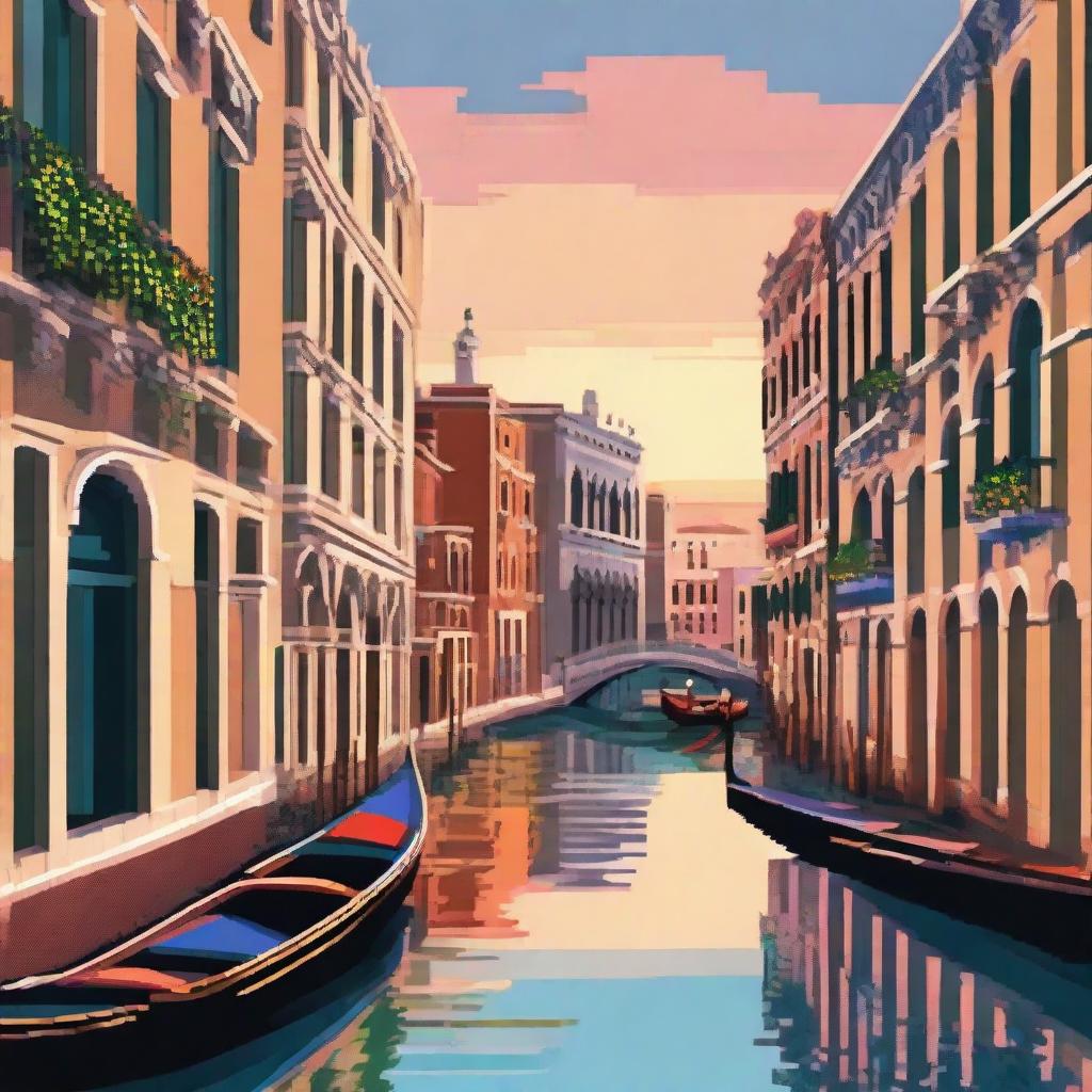 Pixel art scene of Venice, Italy, showcasing elements like gondolas on a serene canal, historic architecture, a vibrant sunset sky, and the bustling St. Mark's Square.