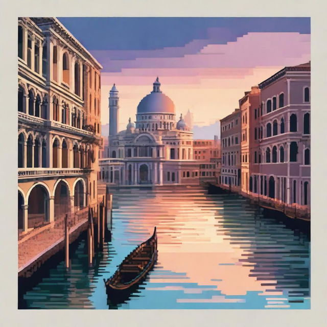 Pixel art scene of Venice, Italy, showcasing elements like gondolas on a serene canal, historic architecture, a vibrant sunset sky, and the bustling St. Mark's Square.