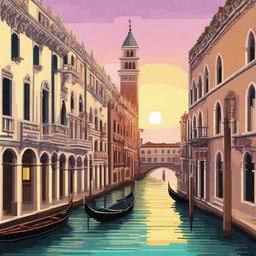 Pixel art scene of Venice, Italy, showcasing elements like gondolas on a serene canal, historic architecture, a vibrant sunset sky, and the bustling St. Mark's Square.