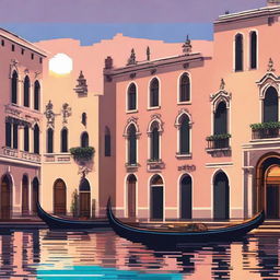 Pixel art scene of Venice, Italy, showcasing elements like gondolas on a serene canal, historic architecture, a vibrant sunset sky, and the bustling St. Mark's Square.