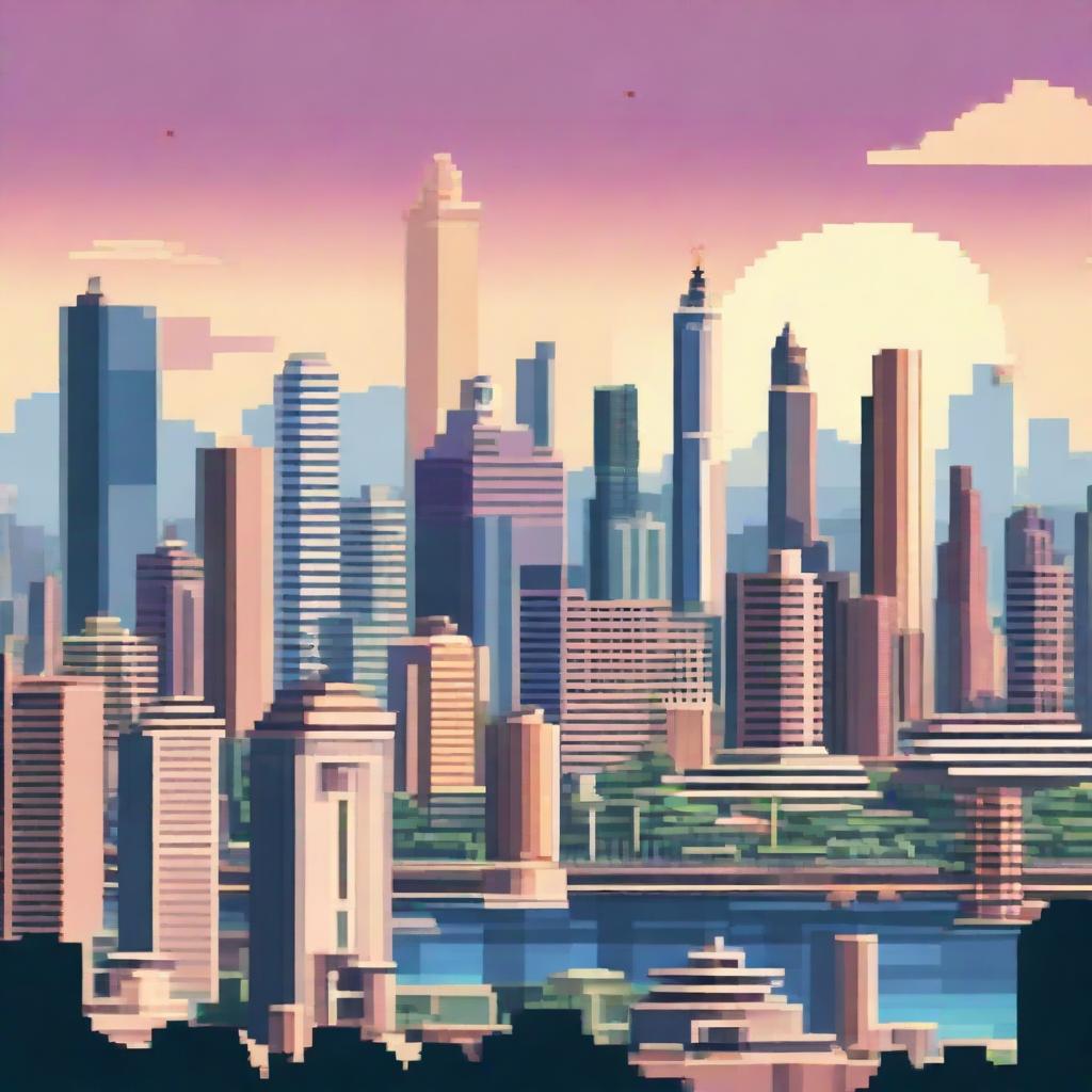 A pixel art representation of Jakarta, Indonesia, featuring the bustling city life with skyscrapers, the iconic Monas monument, busy streets, and a tropical sunset.