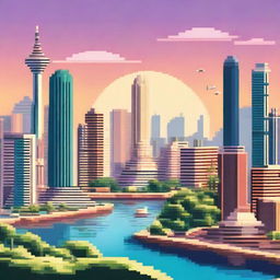 A pixel art representation of Jakarta, Indonesia, featuring the bustling city life with skyscrapers, the iconic Monas monument, busy streets, and a tropical sunset.