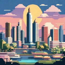 A pixel art representation of Jakarta, Indonesia, featuring the bustling city life with skyscrapers, the iconic Monas monument, busy streets, and a tropical sunset.