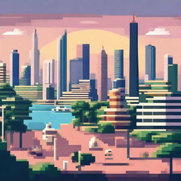 A pixel art representation of Jakarta, Indonesia, featuring the bustling city life with skyscrapers, the iconic Monas monument, busy streets, and a tropical sunset.