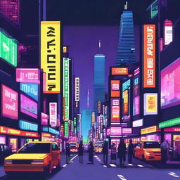 Create a vibrant pixel art representation of Tokyo, Japan, focusing on evoking the city's energy with towering skyscrapers, billboards lit with neon lights, people crossing Shibuya, and a Mount Fuji backdrop.