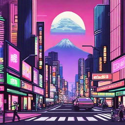 Create a vibrant pixel art representation of Tokyo, Japan, focusing on evoking the city's energy with towering skyscrapers, billboards lit with neon lights, people crossing Shibuya, and a Mount Fuji backdrop.