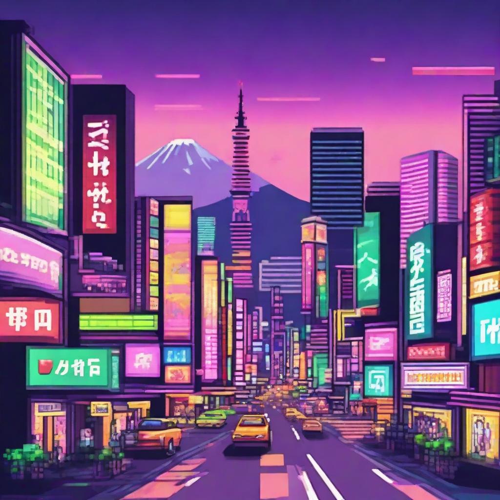 Create a vibrant pixel art representation of Tokyo, Japan, focusing on evoking the city's energy with towering skyscrapers, billboards lit with neon lights, people crossing Shibuya, and a Mount Fuji backdrop.