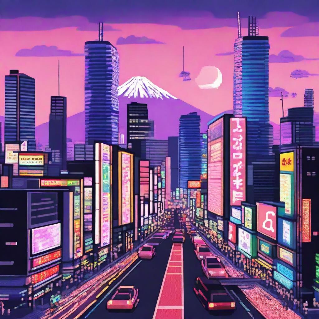 Create a vibrant pixel art representation of Tokyo, Japan, focusing on evoking the city's energy with towering skyscrapers, billboards lit with neon lights, people crossing Shibuya, and a Mount Fuji backdrop.