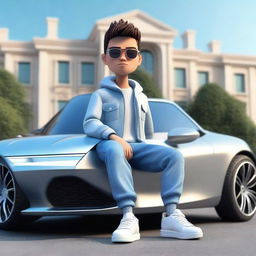 Create a 3D animated character dressed in modern casual attire - jeans jacket and sneakers, casually sitting atop a BMW car. The background is a luxurious, large mansion.