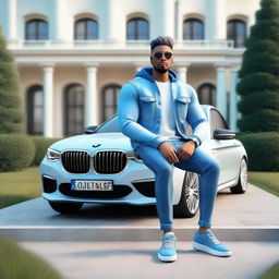 Create a 3D animated character dressed in modern casual attire - jeans jacket and sneakers, casually sitting atop a BMW car. The background is a luxurious, large mansion.