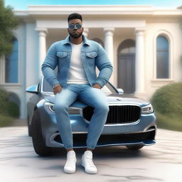 Create a 3D animated character dressed in modern casual attire - jeans jacket and sneakers, casually sitting atop a BMW car. The background is a luxurious, large mansion.