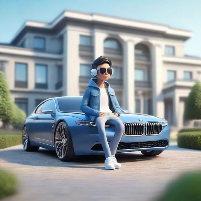 Create a 3D animated character dressed in modern casual attire - jeans jacket and sneakers, casually sitting atop a BMW car. The background is a luxurious, large mansion.