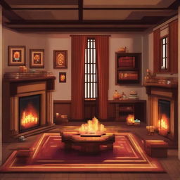 Construct a pixel art representation of the Gryffindor common room from Harry Potter, featuring the warm and cozy ambiance with a roaring fireplace, comfy armchairs, students in robes, and Hogwarts-themed decorations.