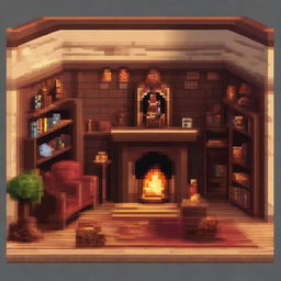 Construct a pixel art representation of the Gryffindor common room from Harry Potter, featuring the warm and cozy ambiance with a roaring fireplace, comfy armchairs, students in robes, and Hogwarts-themed decorations.