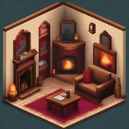 Construct a pixel art representation of the Gryffindor common room from Harry Potter, featuring the warm and cozy ambiance with a roaring fireplace, comfy armchairs, students in robes, and Hogwarts-themed decorations.