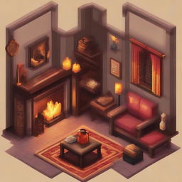 Construct a pixel art representation of the Gryffindor common room from Harry Potter, featuring the warm and cozy ambiance with a roaring fireplace, comfy armchairs, students in robes, and Hogwarts-themed decorations.