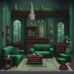 Create a detailed pixel art of the Slytherin common room from Harry Potter. Capture the uniquely elegant but cold aesthetic with green and silver accents, ornate furniture, dungeon-like architecture, and serpent-themed decorations.