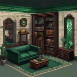 Create a detailed pixel art of the Slytherin common room from Harry Potter. Capture the uniquely elegant but cold aesthetic with green and silver accents, ornate furniture, dungeon-like architecture, and serpent-themed decorations.