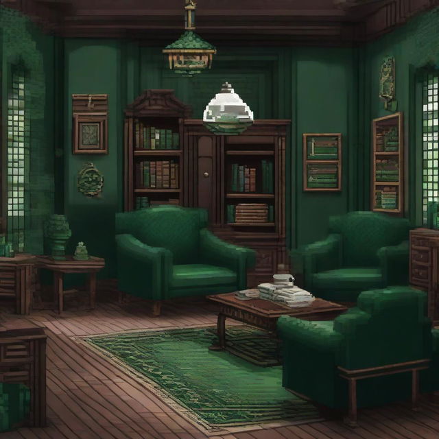 Create a detailed pixel art of the Slytherin common room from Harry Potter. Capture the uniquely elegant but cold aesthetic with green and silver accents, ornate furniture, dungeon-like architecture, and serpent-themed decorations.