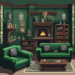 Create a detailed pixel art of the Slytherin common room from Harry Potter. Capture the uniquely elegant but cold aesthetic with green and silver accents, ornate furniture, dungeon-like architecture, and serpent-themed decorations.