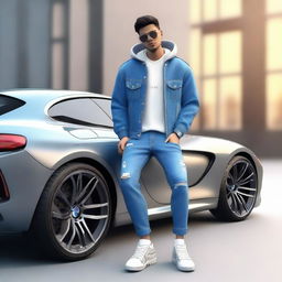 Create a 3D animated character dressed in modern casual attire - a jeans jacket and sneakers, sitting casually on a BMW. The background is an Instagram logo with the username 'sharipov72_73'.