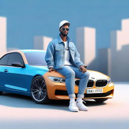 Create a 3D animated character dressed in modern casual attire - a jeans jacket and sneakers, sitting casually on a BMW. The background is an Instagram logo with the username 'sharipov72_73'.