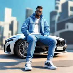 Create a 3D animated character dressed in modern casual attire - a jeans jacket and sneakers, sitting casually on a BMW. The background is an Instagram logo with the username 'sharipov72_73'.