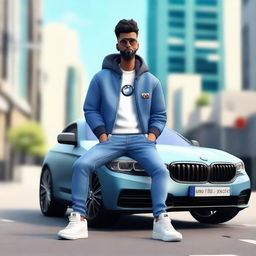 Create a 3D animated character dressed in modern casual attire - a jeans jacket and sneakers, sitting casually on a BMW. The background is an Instagram logo with the username 'sharipov72_73'.