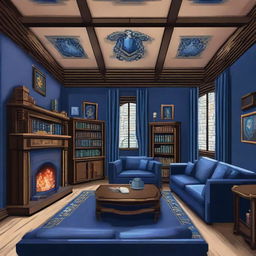 Create a sophisticated pixel art of the Ravenclaw common room from Harry Potter. Highlight elements like the star-studded ceiling, walls lined with bookshelves, plush blue and silver furniture, and intellectual-appearing students.