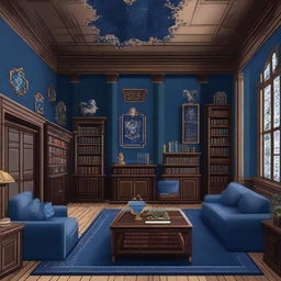 Create a sophisticated pixel art of the Ravenclaw common room from Harry Potter. Highlight elements like the star-studded ceiling, walls lined with bookshelves, plush blue and silver furniture, and intellectual-appearing students.