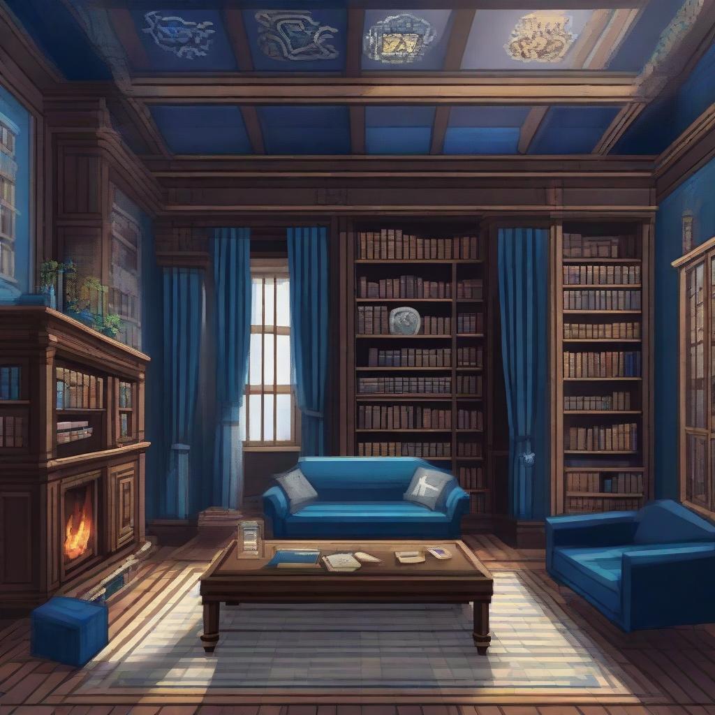 Create a sophisticated pixel art of the Ravenclaw common room from Harry Potter. Highlight elements like the star-studded ceiling, walls lined with bookshelves, plush blue and silver furniture, and intellectual-appearing students.