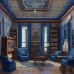 Create a sophisticated pixel art of the Ravenclaw common room from Harry Potter. Highlight elements like the star-studded ceiling, walls lined with bookshelves, plush blue and silver furniture, and intellectual-appearing students.